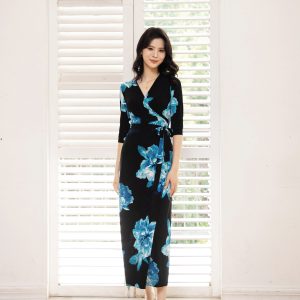 Black Long Bold Blue Floral Wrap Dress