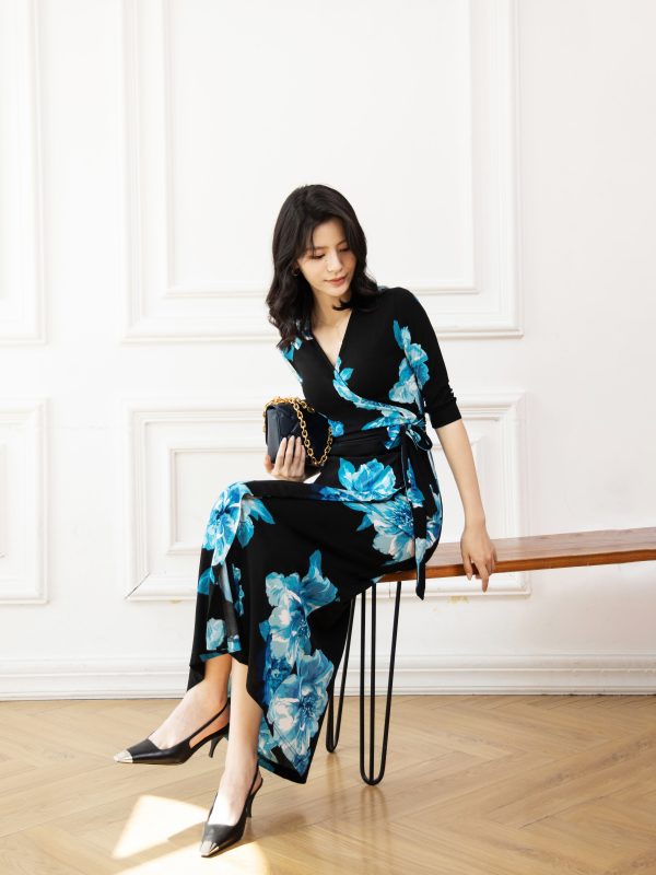 Black Long Bold Blue Floral Wrap Dress - 图片 5