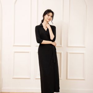 A23007B – Signature Black Wrap Dress with Collar