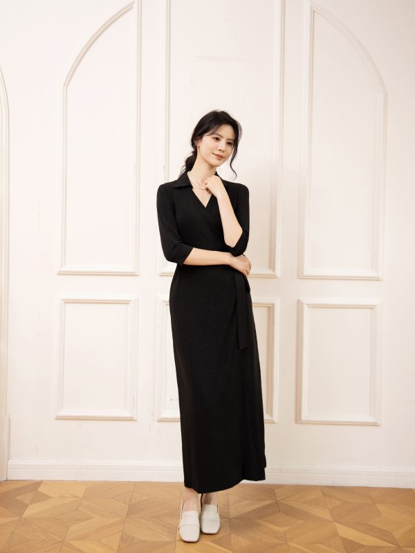 A23007B – Signature Black Wrap Dress with Collar