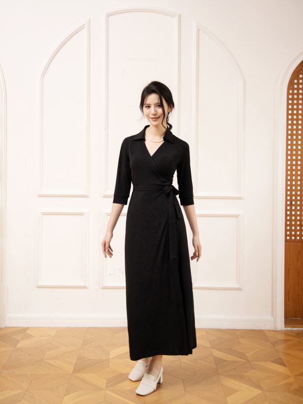 A23007B – Signature Black Wrap Dress with Collar - 图片 5