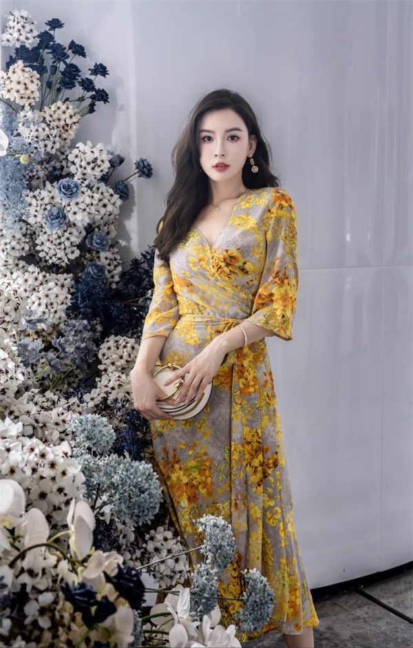 A23008 - Yellow Midi Regal Wrap Dress - 图片 6