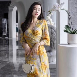 A23008 - Yellow Midi Regal Wrap Dress
