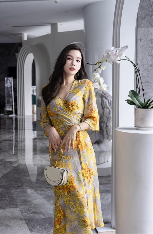 A23008 - Yellow Midi Regal Wrap Dress