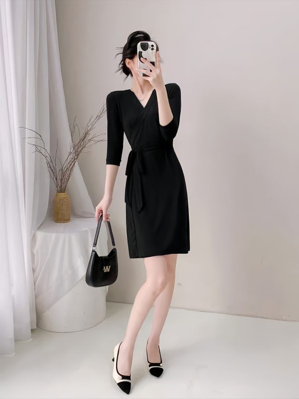 A23007C – Collarless Black Short Wrap Dress