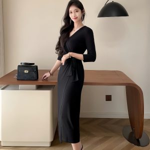 A23007 – Collarless Black Long Wrap Dress