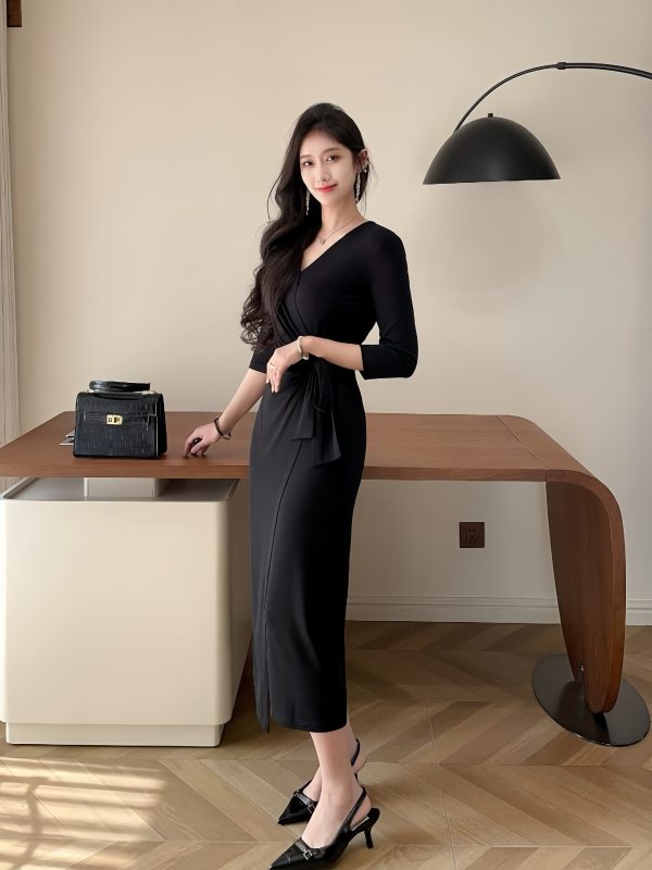 A23007 – Collarless Black Long Wrap Dress