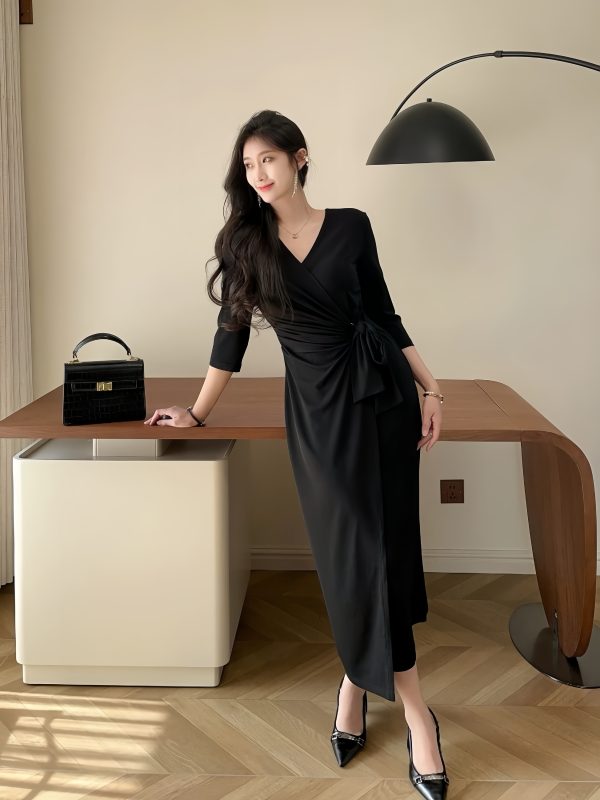 A23007 – Collarless Black Long Wrap Dress - 图片 6
